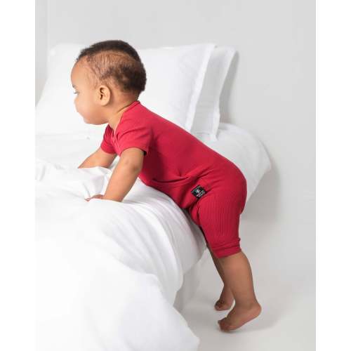 Front Opening Ready Set Romper® Shortie in Ribbed Crimson