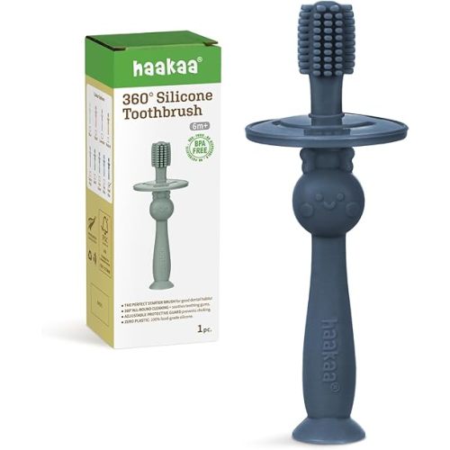 haakaa 360° Baby Toothbrush with Suction Base - Gentle Cleaning for Infant Self-Brushing Training, Food-Grade Silicone, Adjustable Safety Shield - Steel Blue (1 Piece)