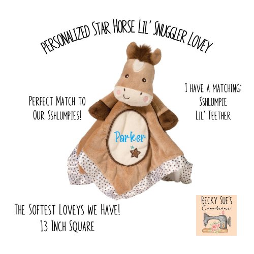 Baby Blanket Horse Lovey with embroidered name. Gift for baby, infant or toddler. Personalized lil snuggler, newborn lovie, super soft minky