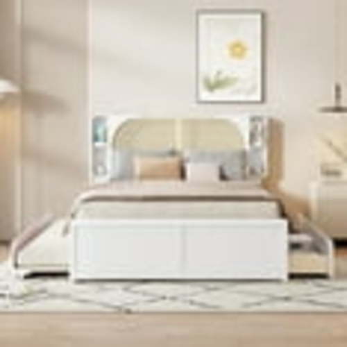 Queen Bed Frame, Rattan Headboard Bed with Two Drawers and Trundle, Solid Wood Platform Boho Bed Frame, No Box Spring Needed, Bedroom Furniture, White