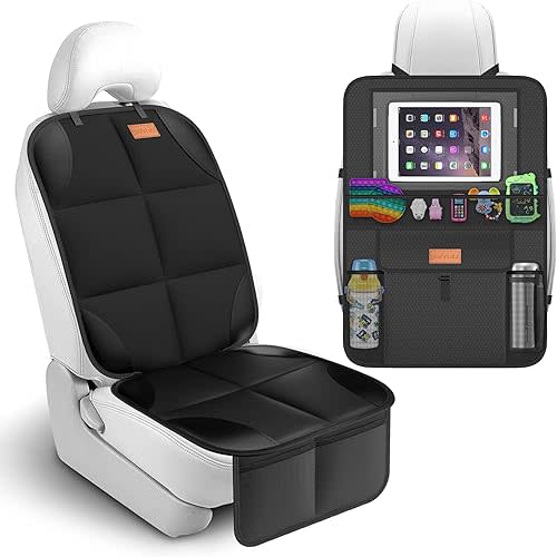 Non-Slip Backing Backseat Car Organizer Kick Mat with Storage Pockets, Large Waterproof Baby Car Seat Protector for Leather and Fabric (Black)