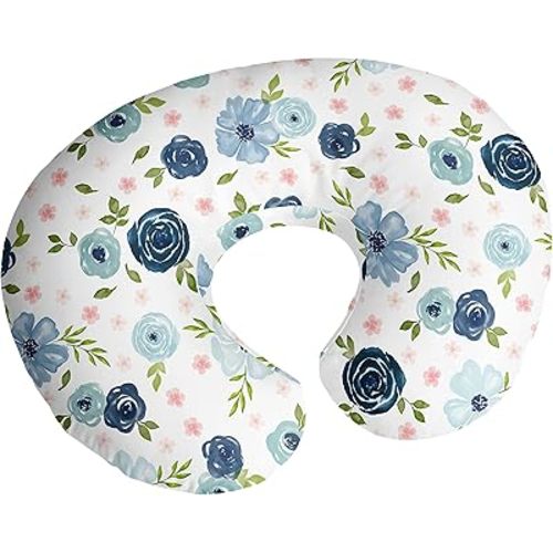Sweet Jojo Designs Watercolor Floral Nursing Pillow Cover Breastfeeding Pillowcase for Newborn Infant Bottle Breast Feeding Pillow NOT Included Navy Blue Pink Boho Shabby Chic Rose Flower Farmhouse