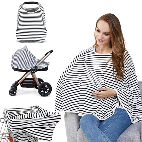 Baby Nursing Cover & Nursing Poncho - Multi Use Cover for Baby Car Seat Canopy, Shopping Cart Cover, Stroller Cover, 360° Full Privacy Breastfeeding Coverage, Baby Shower Gifts for Boy&Girl - Black and White Stripes