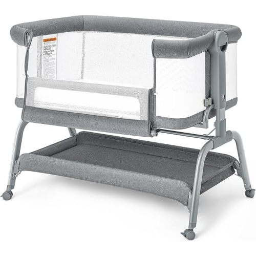 BabyBond Baby Bassinet, 3 in 1 Bassinet Bedside Sleeper with Washable Soft Mattress and Sheet, 6 Height Adjustable Bedside Crib, 4-Sided Mesh Bedside Bassinet for Baby