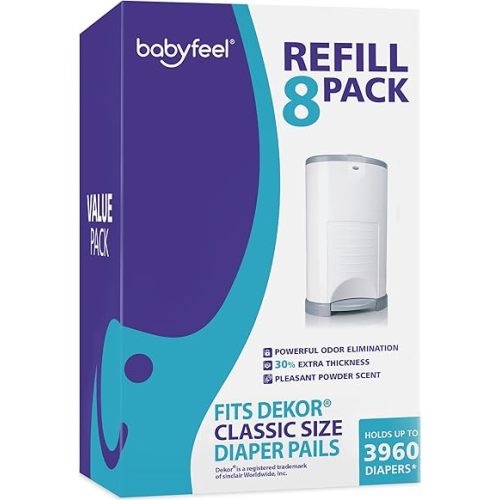 Babyfeel Refills Compatible with DEKOR CLASSIC Diaper Pails | 8 Pack | Exclusive 30% Extra Thickness | Diaper Pail Refills with Powerful Odor Elimination | Powder Scent | Holds up to 3960 Diapers