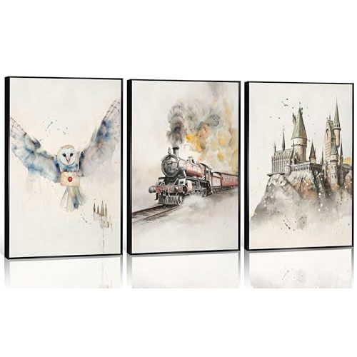 3pcs Magic Nursery Canvas wall art Express train Snowy owl Magic castle Painting Wall Decor Neutral watercolor Poster Print Artwork for Kid Baby Nursery Home Decoration Unframed