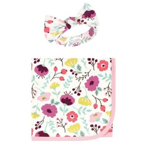 Touched by Nature Baby Girl Organic Cotton Swaddle Blanket and Headband or Cap, Botanical, One Size