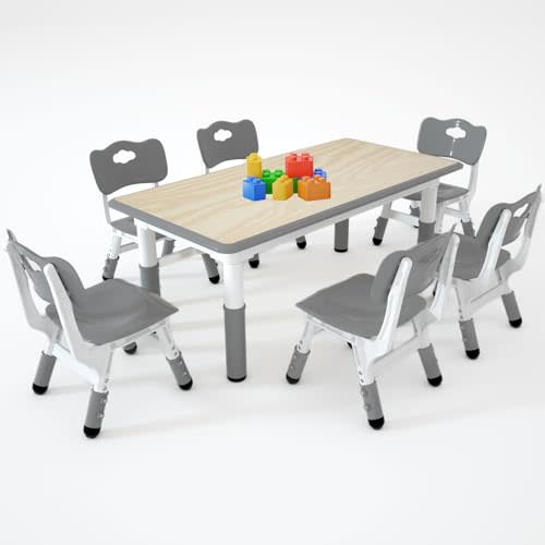 LulliSpace Kids Study Table and 6 Chairs Set,Height Adjustable Table and Chairs for Children and Toddlers,47.2"X23.6"Graffiti Desktop,Suitable for Daycare,Classrooms, Home