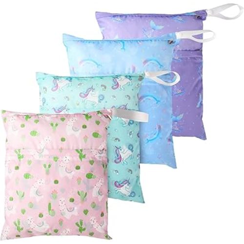 Frienda 4 Pieces Wet Dry Bag for Baby Waterproof Reusable Washable Diaper Bag Sealed with Handle for Travel, Beach, Swimsuit, Diapers, Dirty Gym Clothes and Toiletries (Mermaid)