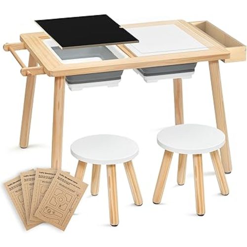 Kids' Sensory Table & Chair Set – Wooden Sand & Water Activity Table with Double-Sided Lid, Transparent & Game Board, Foldable Bin, Storage Box– Ideal Educational Gift (No Paper Roll Included)