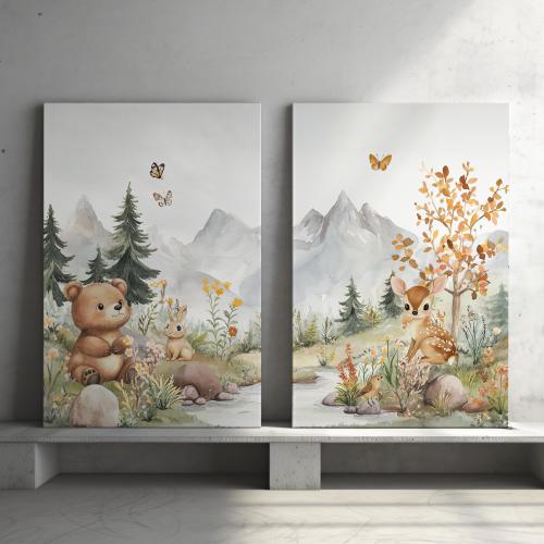 2 Piece Set Woodland Nursery Wall Art Poster or Canvas Print, Watercolor Forest Animal Prints, Neutral Color Baby Animal Kids Room Decor