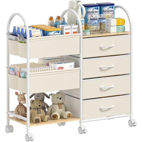 Baby Organizer and Storage Cart, 4-Tier Rolling Utility Cart with Wheels, Dividers and Drawers, Easy to Assemble for Nursery, Bedroom & Changing Table, White