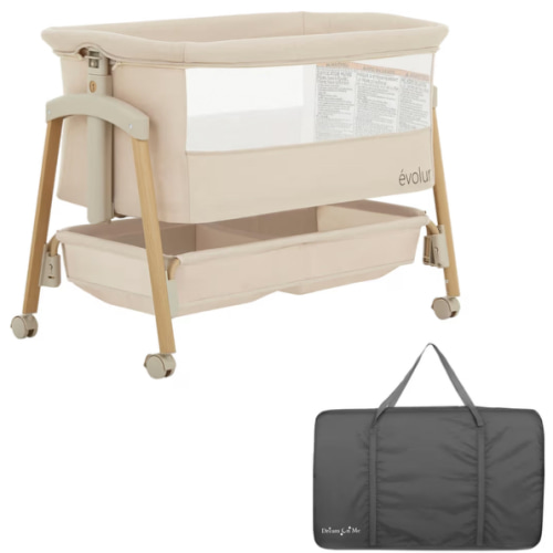 évolur Lullaby Portable Bassinet with Wheels, Adjustable Bedside Sleeper, Breathable Mesh Sides, Large Storage Basket, Easy Fold, and Travel Bag Included, Perfect for Newborns & Infants - Biege
