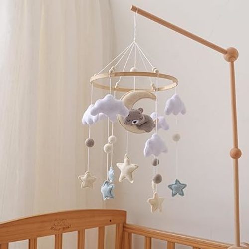 Felt Bear & Moon Crib Mobile – Visual Stimulation & Motor Skill Development Toy for Infants, Gentle Rotation to Engage & Soothe, Safe Nursery Decor for Baby’s Crib