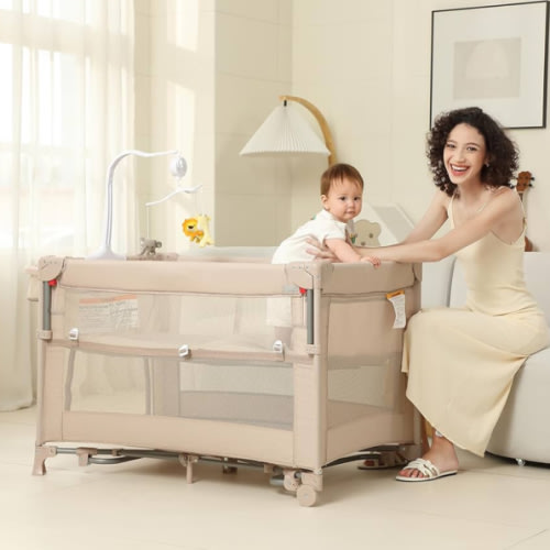 5 in 1 Pack and Play, Baby Bassinet Bedside Sleeper, Baby Playard, Bedside Crib with Changing Table, Foldable Travel Playard for Newborn to Toddles (Beige)