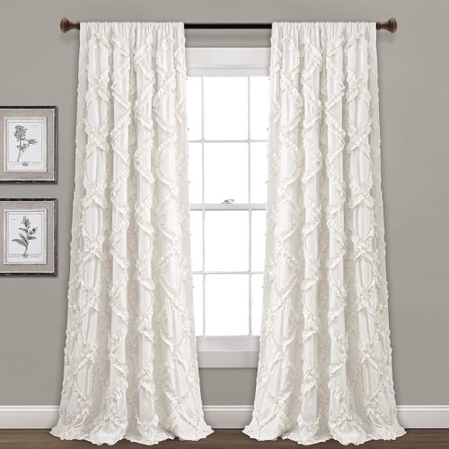 White Ruffle Diamond Curtains (Pair), 84” x 54
