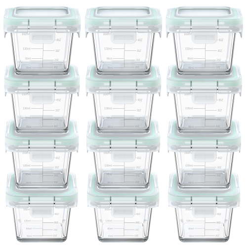 Glass Baby Food Storage Containers, 12 Pack 5oz Small Glass Jars with Graduated Scale, Baby Food Storage Jars with Snap Locking Lids, Food Containers Friendly in Microwave, Oven, Freezer, Dishwasher
