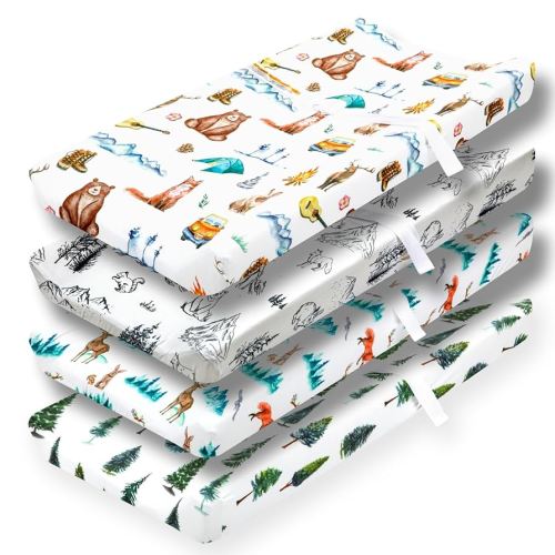 4 Pack Changing Pad Covers Woodland Forest Animals Wood Neutral Unisex Fitted Baby Changing Pad Cover Set for Baby Boys or Girls