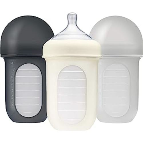 Boon NURSH Reusable Silicone Baby Bottles with Collapsible Silicone Pouch Design — Everyday Baby Essentials — 3 Count — Stage 2 Medium Flow — 8 Oz — Gray