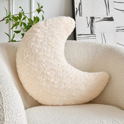 Moon Shaped Pillow with Soft Faux Fur for Couch, Bed, Sofa - Cute Half Moon Pillows with Room Decor for Bedroom, Living Room (19 Inches, Beige)