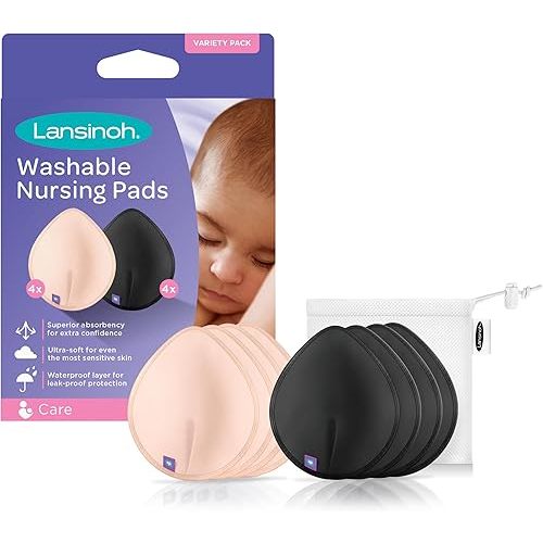 Lansinoh Reusable Nursing Pads, Nursing Essentials for Breastfeeding Mothers, 8 Absorbent Nursing Pads With Mesh Wash Bag, Pink and Black Pads