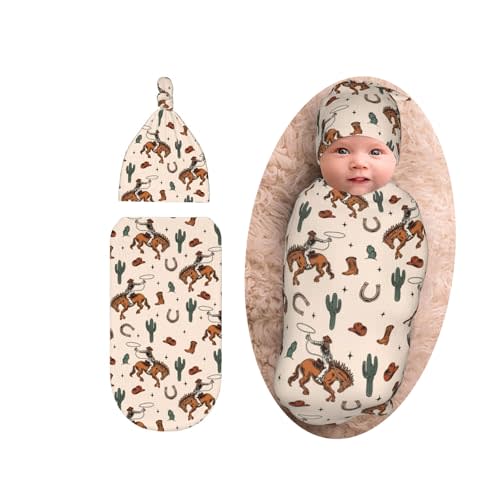 Western Baby Stuff Swaddle Blanket With Beanie Set, Soft Cactus Baby Swaddle Sack Newborn Sleeping Sacks For Girls Boys
