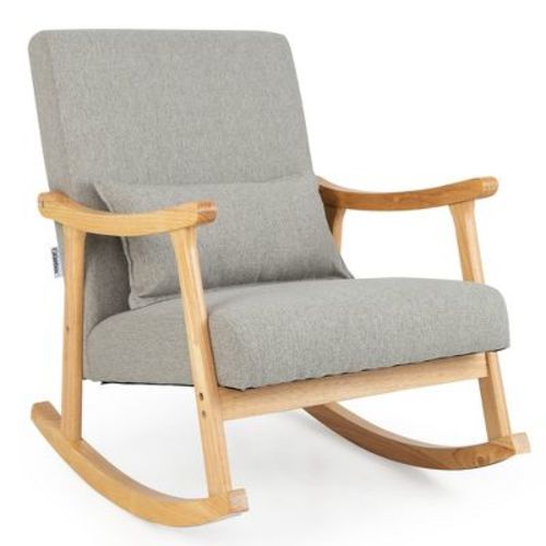 Costway Upholstered Rocking Chair With Pillow Rocking Armchair With Rubber Wood Frame Grey
