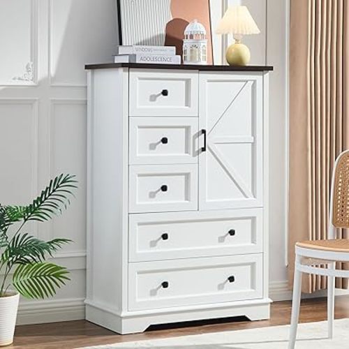SOOWERY Dresser for Bedroom, Farmhouse Dresser with 5 Wooden Drawers and Storage Cabinet, 48 Inches Tall Chest of Drawers for Bedroom, Living Room, Hallway, White