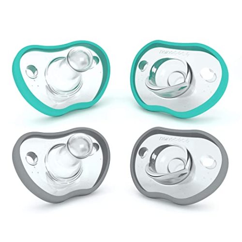 Nanobebe Baby Pacifiers 0-3 Month - Orthodontic, Curves Comfortably with Face Contour, Award Winning for Breastfeeding Babies, 100% Silicone, Baby Registry Gift 4pk,Teal/Grey