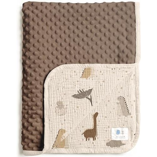 lulumoon Baby Blankets for Boys Newborn: Reversible Muslin & Minky Dinosaur Print - Thermal Receiving Blanket for Stroller & Registry Gift 30"x40"(Dinosaur)