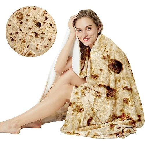 Burrito Tortilla Throw Blanket,2.0 Double Sided Burritos Taco Tortilla Wrap Blankets,Giant Funny Realistic Flannel Food Round Blankets,Funny Gifts for Kids Newborn Toddler Dog Cat Baby Shower 47in