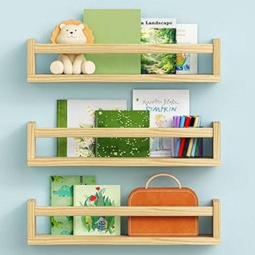 Floating Nursery Book Shelves Wall Mounted Set of 3, Wooden Wall Bookshelf for Kids Room Bedroom, Small Corner Book Shelf for Baby Toddler Child Clothes Bathroom Kitchen (Natural Wood)