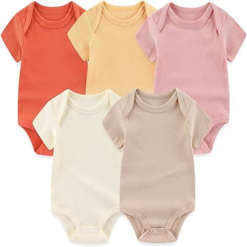 MAMIMAKA Newborn Baby Short Sleeve Bodysuit Cotton One-Piece Baby Clothes 5-Pack, 0-12 Months