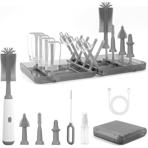 Electric Bottle Brush Cleaner, 9 in 1 Baby Bottle Brush Kit with Nipple Straw Crevice Brushes Drying Rack Extender Soap Dispenser Storage Box, Rechargable Bottle Cleaner Set for Travel & Home (Gray)
