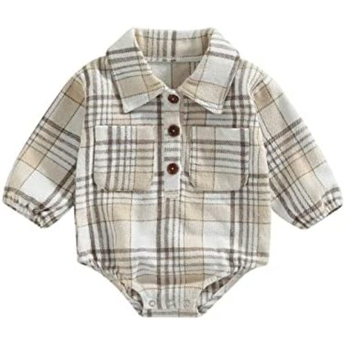 Baby Boy Plaid Shirt Romper Flannel Long Sleeve Oversized Tops Infant Button Down Fall Clothes