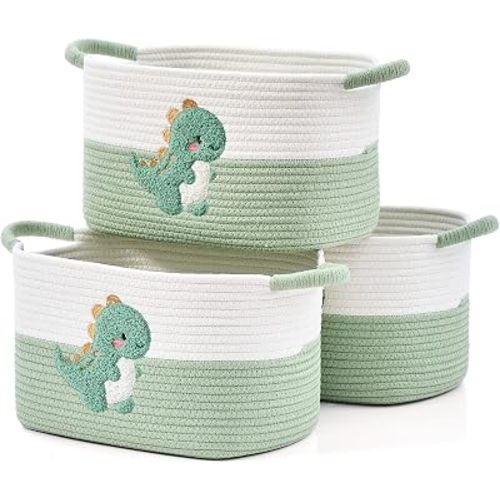 Woven Baskets, 3-Pack Storage Basket for Living Room, Bedroom, Nursery, Stylish Gift Basket with Handles, Cotton Rope Basket for Toys and Shelves, Multi-Purpose Organizer, Green Dinosaur