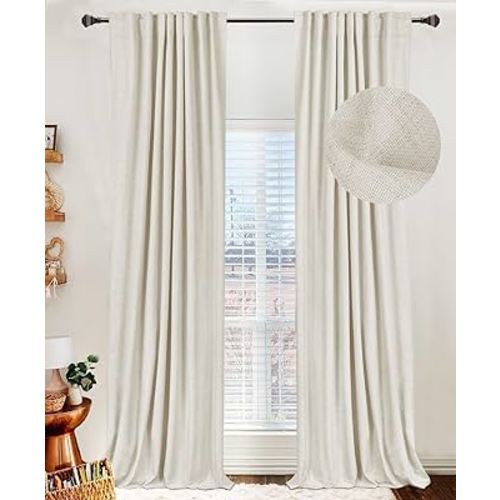 100% Blackout Shield Linen Blackout Curtains for Bedroom 96 Inches Long,Back Tab/Rod Pocket Living Room Drapes,Thermal Insulated Textured Blackout Curtains 2 Panels Set,50" W x 96" L,Light Cream