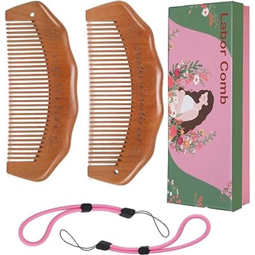 2 Pack Labor Comb, Fine Tooth Birth Comb for Labor Pain with Wrist Adjustable Strip for Expecting Moms - Peach Wood