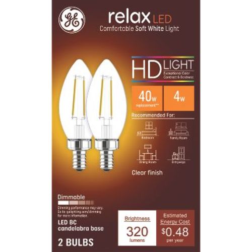 Ge 2pk 40w Relax Clear Led Decorative Light Bulbs Soft White: E12 Candelabra Base, Dimmable, Energy Star, 13.7-year Life