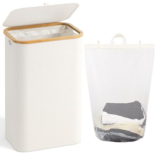 100L Laundry Hamper with Lid, Large Laundry Basket with Bamboo Handles, Clothes Hampers for Laundry with Removable Bag, Dirty Clothes Hampers for Bedroom Aesthetic, Beige