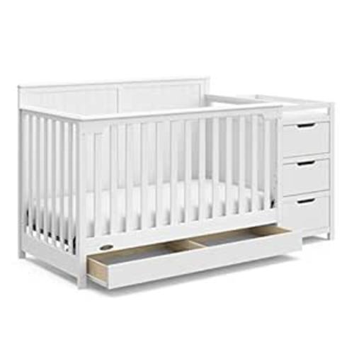 Graco Hadley 5-in-1 Convertible Crib & Changer – GREENGUARD Gold Certified, Fits Standard Crib Mattress, Converts to Toddler Bed and Full Bed, 4 Adjustable Mattress Heights (White)