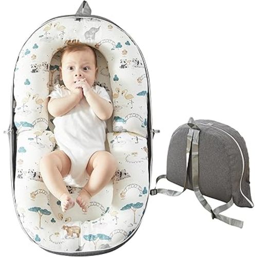 Baby Lounger for Newborn, 0-12 Months, Portable Infant Lounger Pillow with Adjustable Support, Soft Breathable Cover, Folds Into Backpack for Travel, Ideal for Home & Outdoor Use - White