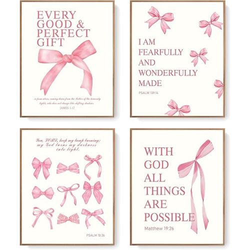 LARTSFRO Coquette Pink Bow Wall Art Decor Posters, Pink Bow Room Bedroom Bathroom Dorm Wall Art Decor Aesthetic for College Teen Girls Gifts, Inspirational Bible Verses Bow Wall Decor, 12x16 Inch Set of 4 Pcs Bow Pictures (UNFRAMED)