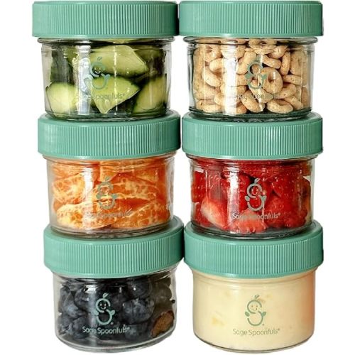 Sage Spoonfuls Reusable Glass Baby Food Jars with Lids - Set of 6 4-Ounce Storage Containers - Dishwasher-Safe, Free of BPA, Phthalate, Lead and PVC
