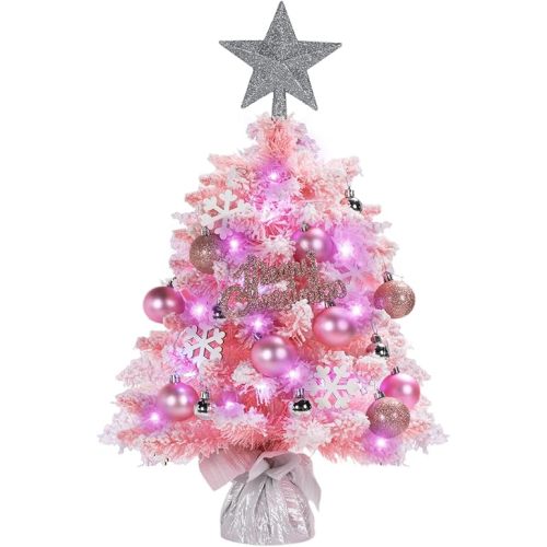 24” Mini Christmas Tree, Tabletop Flocked Small Christmas Tree with Lights, Timer, Tree Topper Star, Snow Frosted Artificial Xmas Tree w/Hanging Ornaments for Holiday DIY Home Decor (Pink)