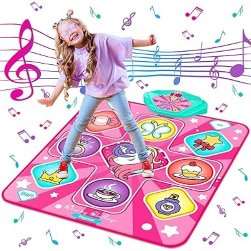 Unicorn Dance Mat, Dance Mixer Rhythm Step Play Mat, Pink Dance Pad with LED Lights, Adjustable Volume, Built-in Music, 5 Game Modes, Xmas B-Day Gifts for 3-12 Years Old Girls Toys