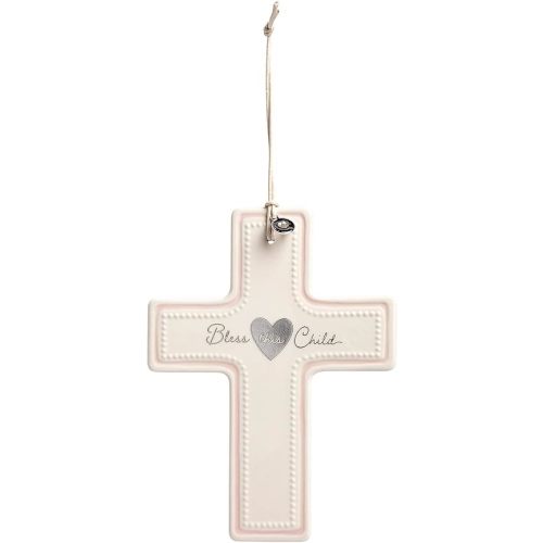 DEMDACO Bless This Child Pink 7.5 x 5.5 Inch Ceramic Stoneware Hanging Wall Cross
