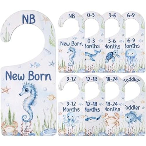 Baby Closet Dividers 8PCS, Under the Sea/Ocean Animal Theme Wooden Double-Sided Clothes Size Hanger Organizer from Newborn to Toddler for Nursery Decor Baby Shower Birthday Gift