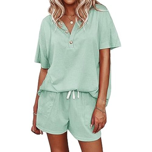Ekouaer Womens Waffle Knit Pajama Sets Long Sleeve Top and Shorts Matching  Lounge Set Sleepwear Loungewear Sweatsuit with Pockets A-Light Khaki Small  at  Women's Clothing store