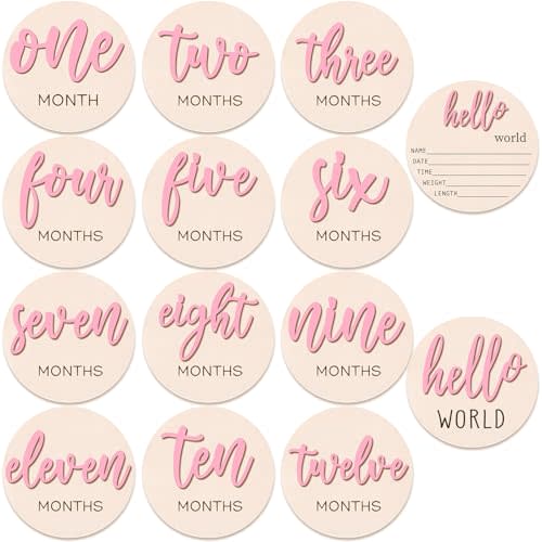 7 Pcs Baby 3D Monthly Milestone Wooden Signs Girl Baby 1-12 Months Announcement Card Sign Wood Markers Disc Block Baby Keepsake Double Sided Engraved Keepsake Photo Prop (Pink)